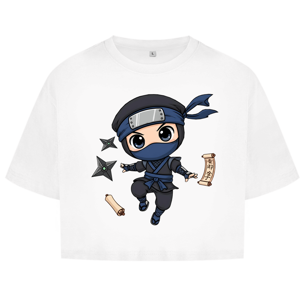 Damen Oversize Crop Top Ninja Chibiki Shinobi scrolls and shuriken