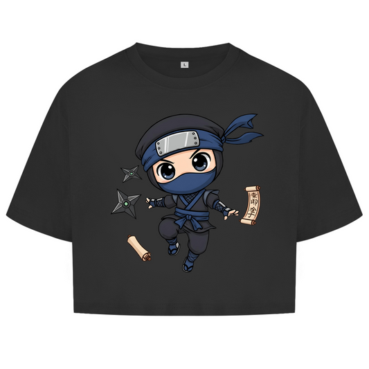 Damen Oversize Crop Top Ninja Chibiki Shinobi scrolls and shuriken