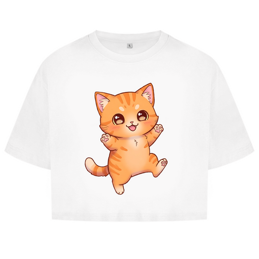Damen Oversize Crop Top kitty cat brownie