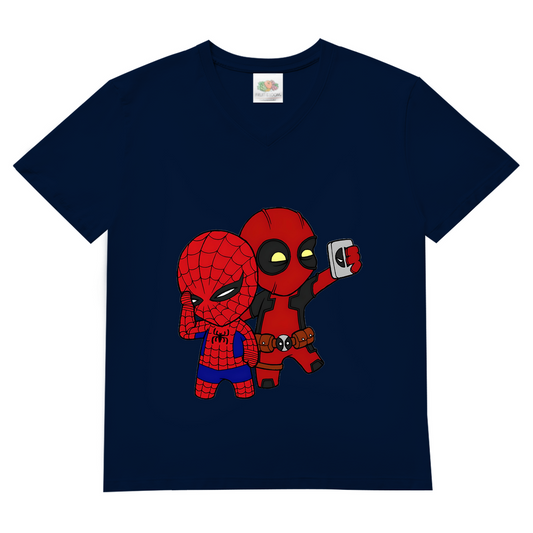 Herren Basic V-Neck T-Shirt Spidey Deadpool Chibiki